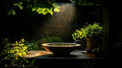 A tranquil outdoor scene features falling water and lush greenery