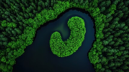 Aerial view showcases a lush green island surrounded by water