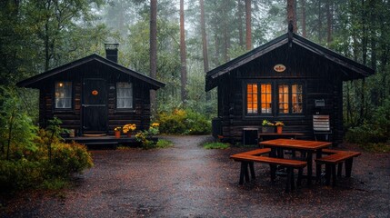 Two small cabins sitting in a lush forest during the rain