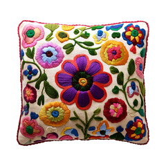 Vibrant floral embroidered cushion boasts a rich tapestry of colorful flowers Isolated on Transparent Background PNG