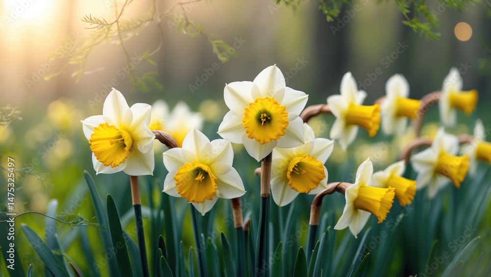 Poster zoomed-in image of colorful daffodils in bloom with a blurred setting