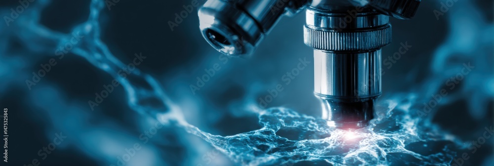Aufkleber Microscope View Revealing Intricate Details of a Specimen With an Abstract Blue Overlay Showcasing Scientific Exploration and Discovery