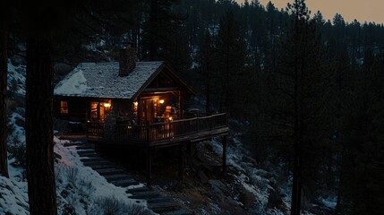 A cozy cabin nestled on a snowy mountainside in twilight