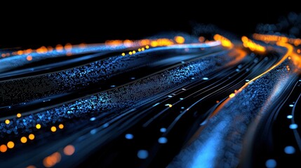 Abstract lines with blue and orange lights moving forward
