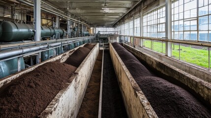 Fototapeta premium Industrial interior showcasing two long troughs filled with brown material under large windows