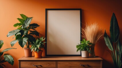 Up-to-date dresser with houseplants and an unfilled picture frame adjacent to the wall in the area