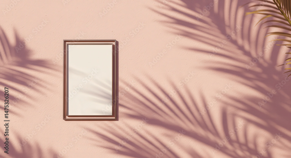 Poster mirror frame on pink wall with palm leaf shadows creating abstract pattern under bright sunlight
