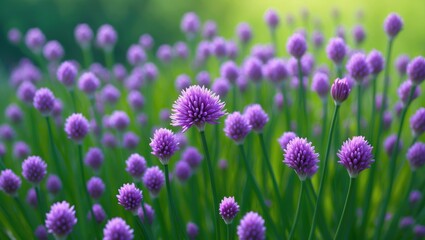 Obraz premium Close-up of flowering chives surrounded by blooming flora and fresh garden vegetables