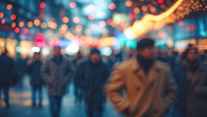 Fototapeta premium Blurred Background of People, Patterns, and Christmas Lights in an Abstract Holiday Scene