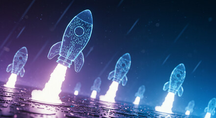 Digital startup concept with stylized rocket ships launching, representing growth, innovation, and technological advancement.