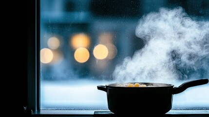 A simmering pot of food beside a winter window view