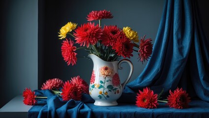 Charming vase of chrysanthemum flowers resting on a tablecloth, contributing to the home interior