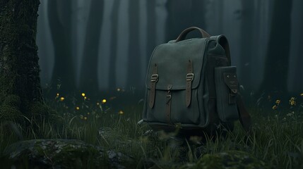 A Backpack Stands Alone in the Quiet and Moody Forest