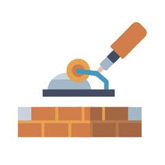 Construction trowel applying mortar on bricks for wall creation