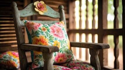 Vintage wooden furniture decorated with handmade colorful cushions