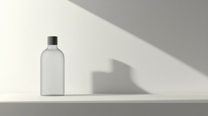 A clear glass bottle sits on a white shelf indoors