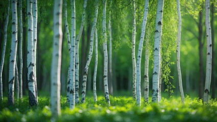 Obraz premium Springtime woodland backdrop featuring green trees and forest environment