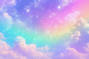 colorful sky with clouds and stars. The sky is a mix of blue, purple, and green