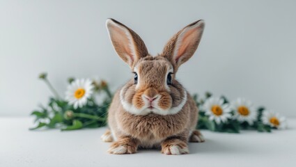 Fototapeta premium Sweet baby rabbit resting in a lush garden filled with daisies and natural scenery