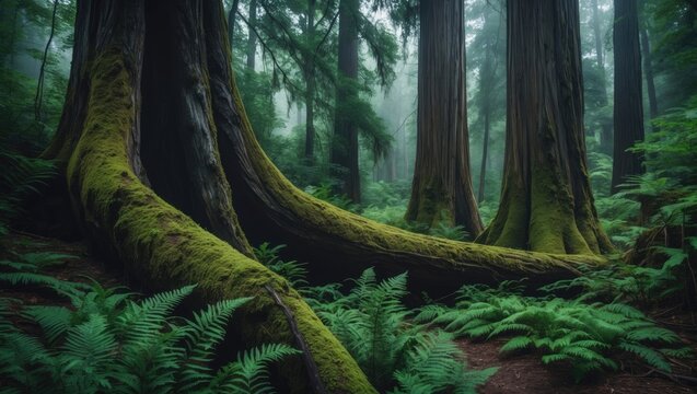 Serene outdoor view of forest with tall trees and lively green ferns