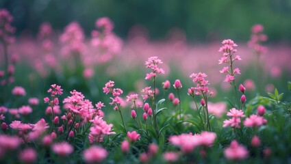 Garden filled with blooming tiny pink flowers and vibrant floral patterns