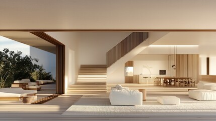 Open plan contemporary house interior with light wood and white furniture