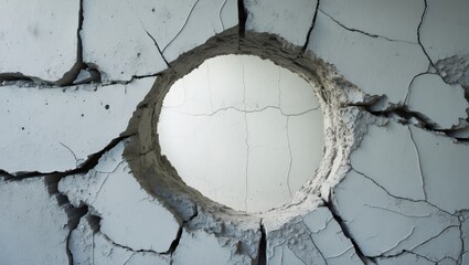 Cracked concrete wall with a hole and weathered cement texture in the background