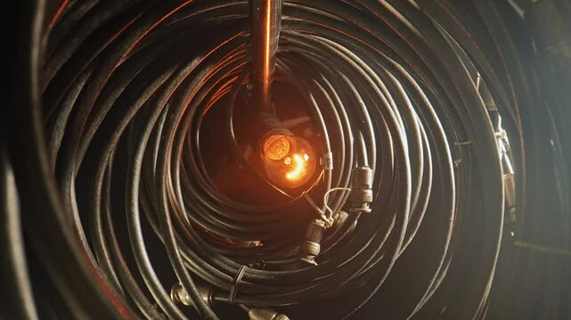 Illuminated Bulb Surrounded by Coiled Electrical Cords for Industrial Use