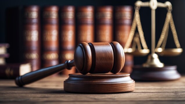 Law-themed image with judge's mallet, wooden desk, scales of justice, books, statue of justice, and hourglass