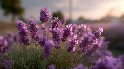 Obraz premium Beautiful lavender blooms at sunset with soft focus and warm lighting