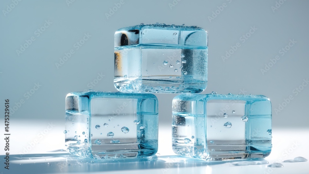 Poster three ice cubes displayed on a white canvas.