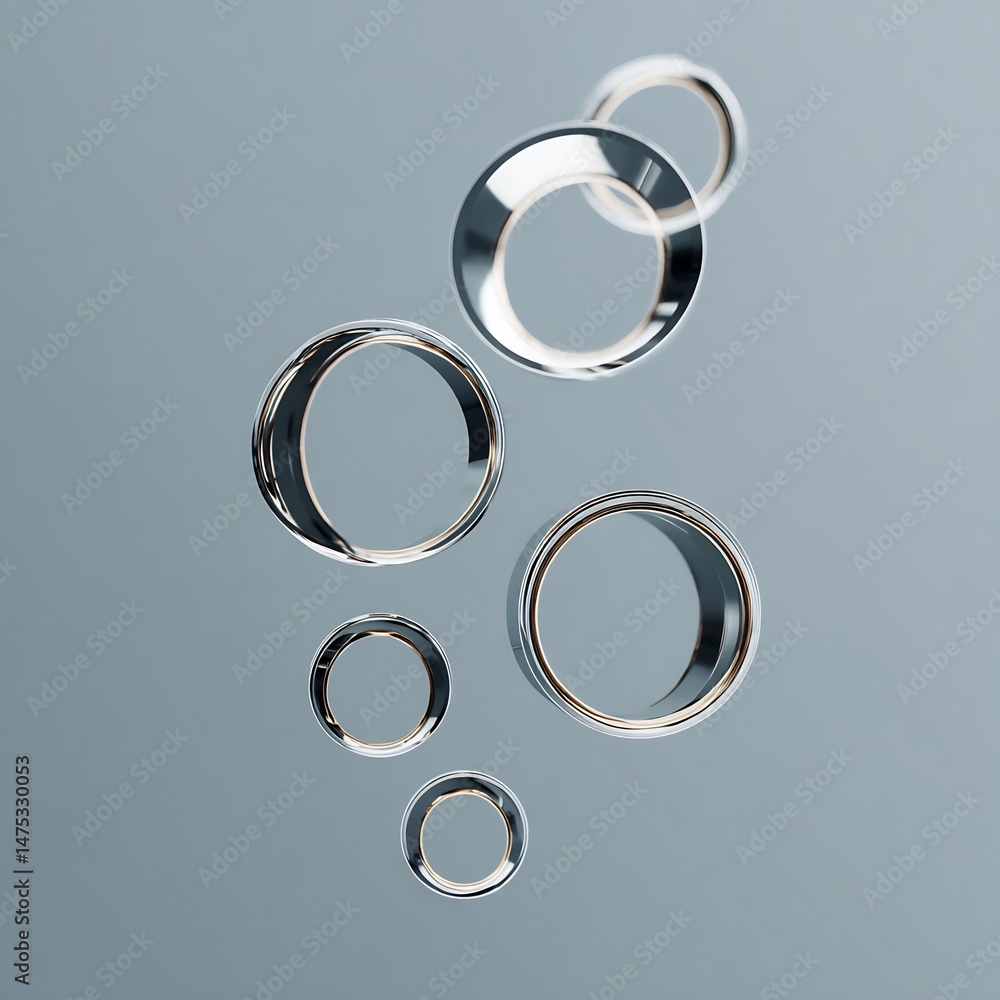 Poster floating chrome circles cascade, an abstract composition emphasizing form and reflection