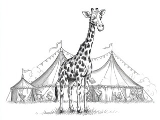 Obraz premium Monochrome illustration of a giraffe in front of circus tents.