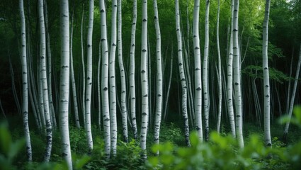 Serene green landscape showcasing a birch forest with silver trunks
