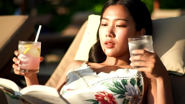 Woman relaxing poolside with drinks and book