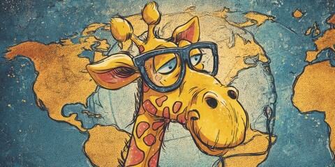 World map with a giraffe wearing glasses.