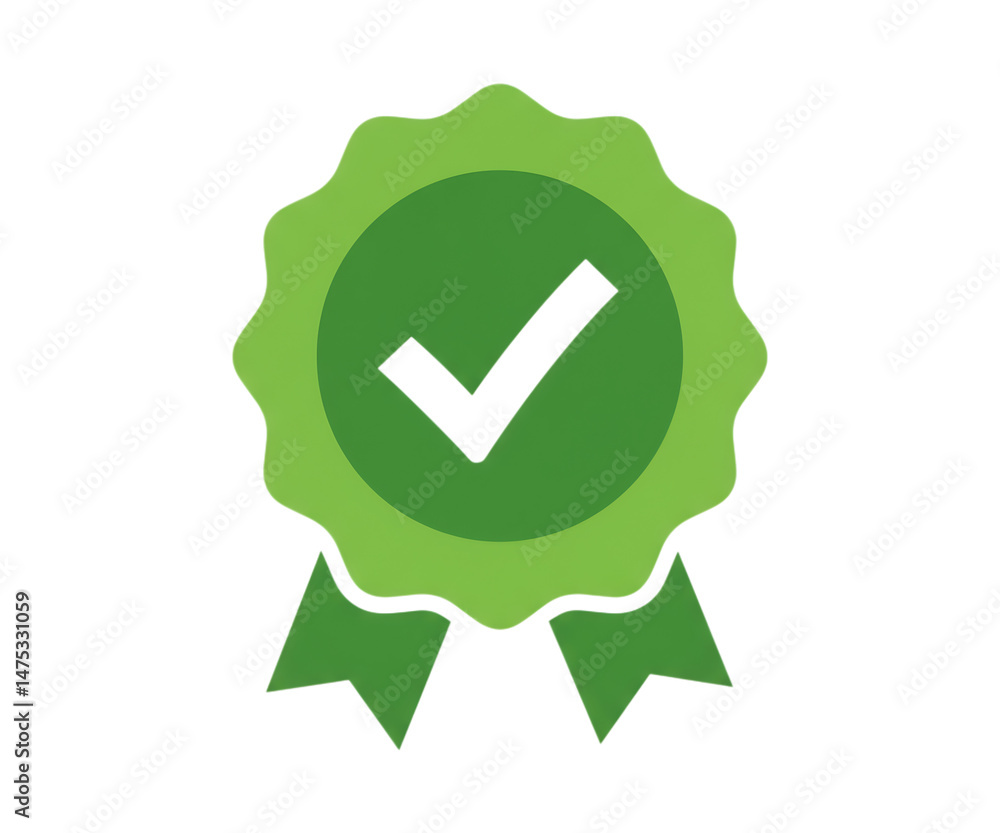 Poster green badge with check mark icon for approval on a transparent background