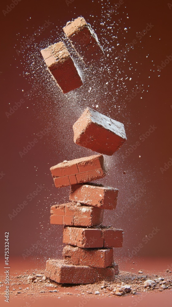Poster stack of falling bricks in studio shot with dust particles on brown background construction material