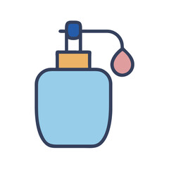 Stylized perfume bottle with droplet and light blue liquid