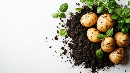Freshly harvested potatoes with soil and basil leaves top food farm crop life view diet plant tasty