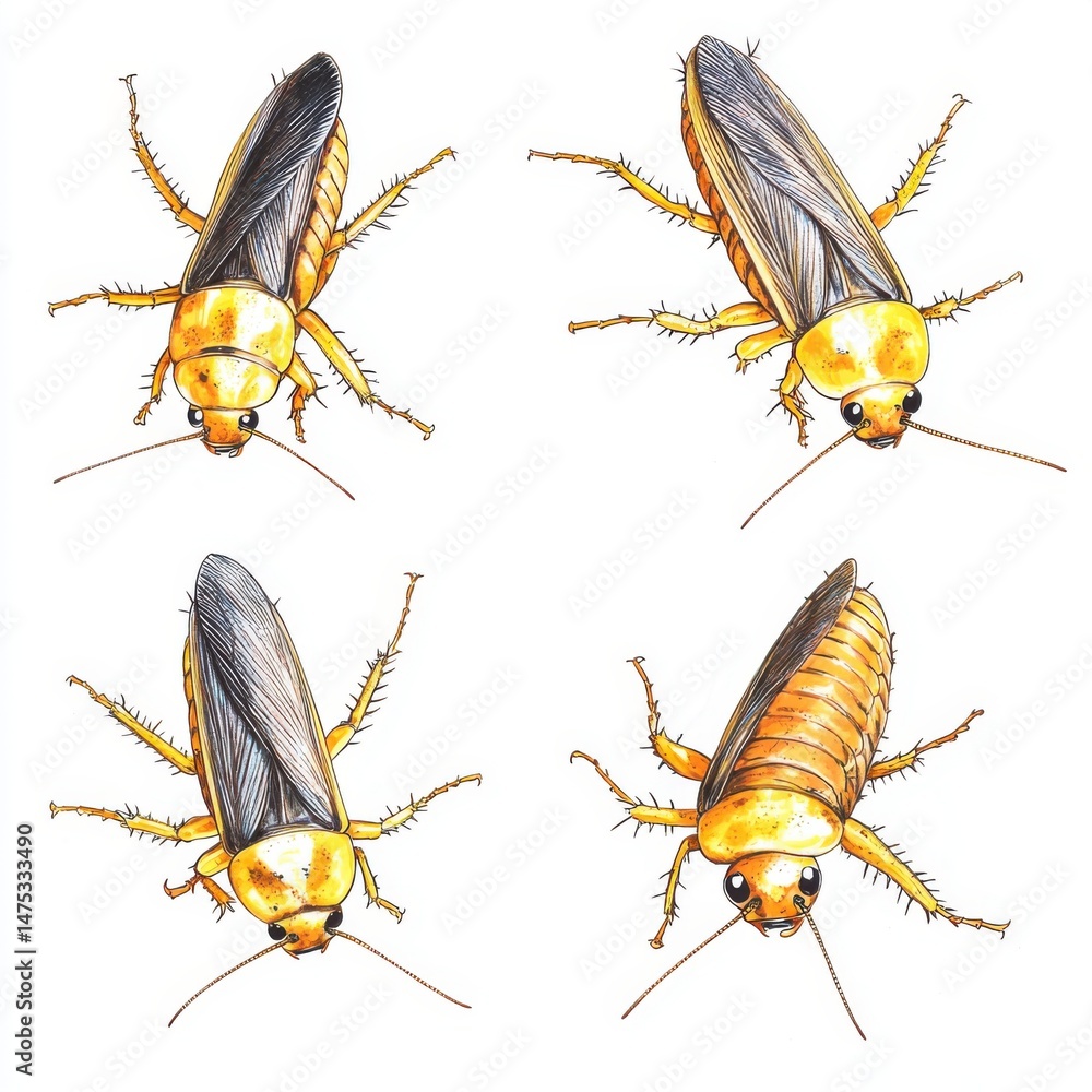 Poster cockroach illustration set on white background close up view of four insects in a pattern design sty