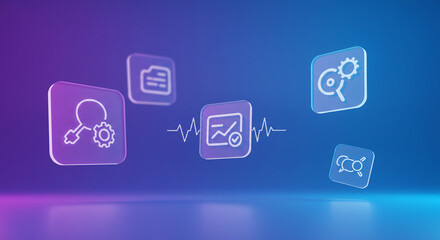 Abstract digital symbols floating in a gradient space with marketing analytics, optimization, and communication icons.
