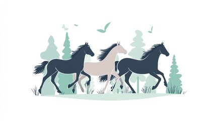 Three horses running through a forest (1)