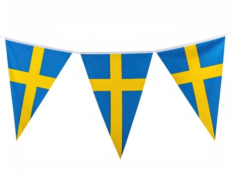 Three swedish flags bunting with blue background and yellow cross