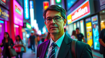 Confident businessman standing in a vibrant urban area with neon lights