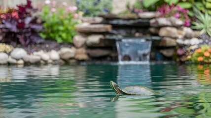 Naklejka premium A serene pond with a turtle, gentle waterfall, and lush greenery. The water's surface reflects the sunlight, creating a tranquil scene
