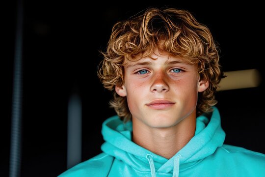 Portrait of a Young Man with Curly Hair in a Turquoise Hoodie Against a Dark Background