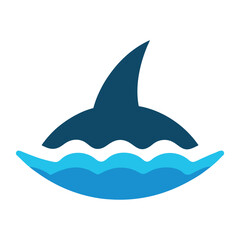Minimalistic shark fin logo emerging from blue ocean waves illustration