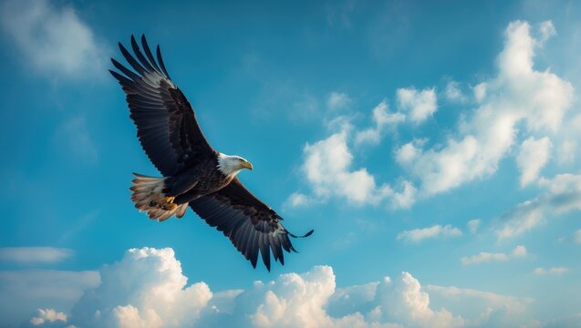 Birdwatching scene of a soaring eagle amidst a serene, open sky with clouds, highlighting the majesty of raptors and outdoor adventure.