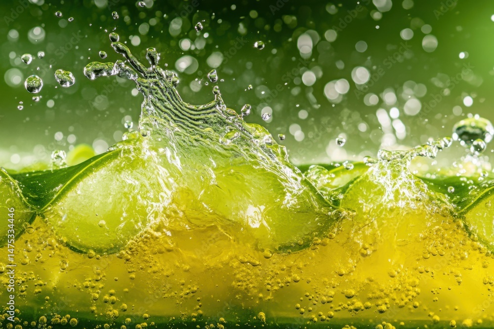 Poster lime slices plunging into soda water creating a splash with bubbles macro shot studio photography